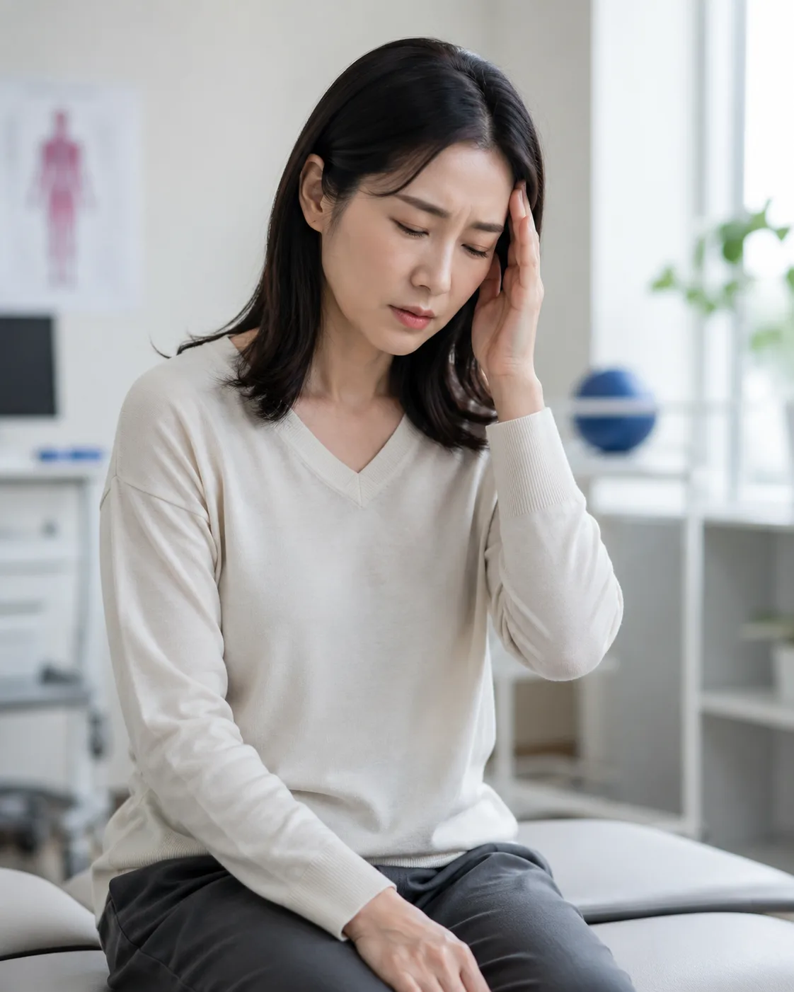 교통사고 후 두통·어지럼증 등 뇌진탕 후 증후군으로 머리를 짚고 괴로워하는 환자