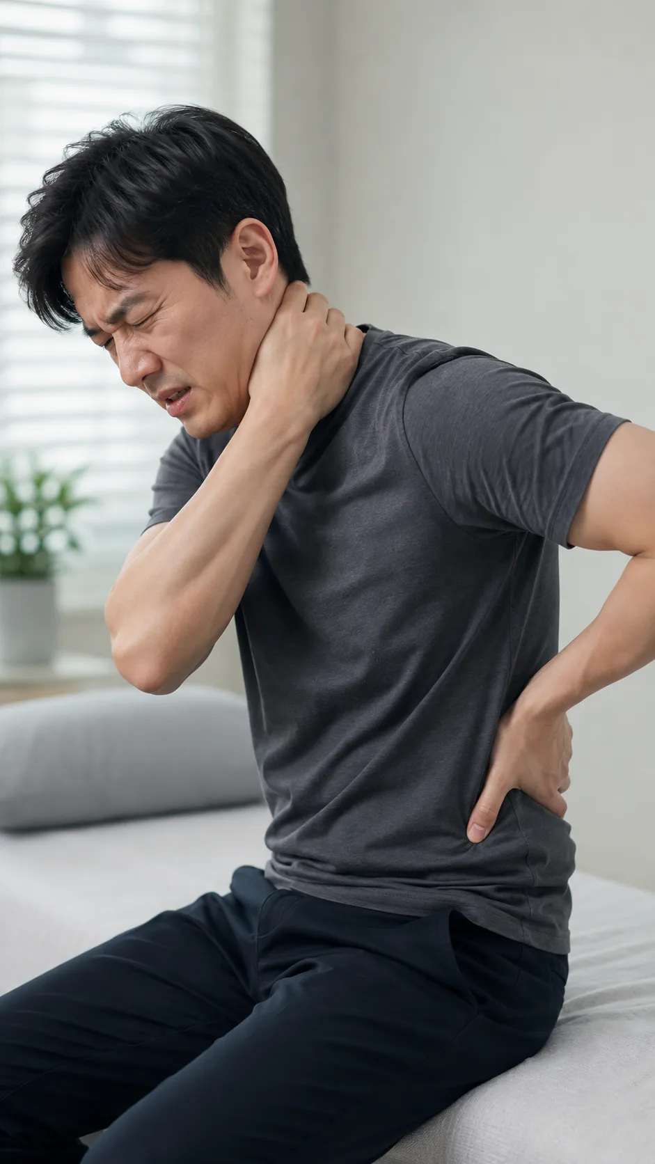 교통사고로 목과 허리를 동시에 손으로 짚으며 척추 통증을 호소하는 남성 — 복합 척추 손상 환자