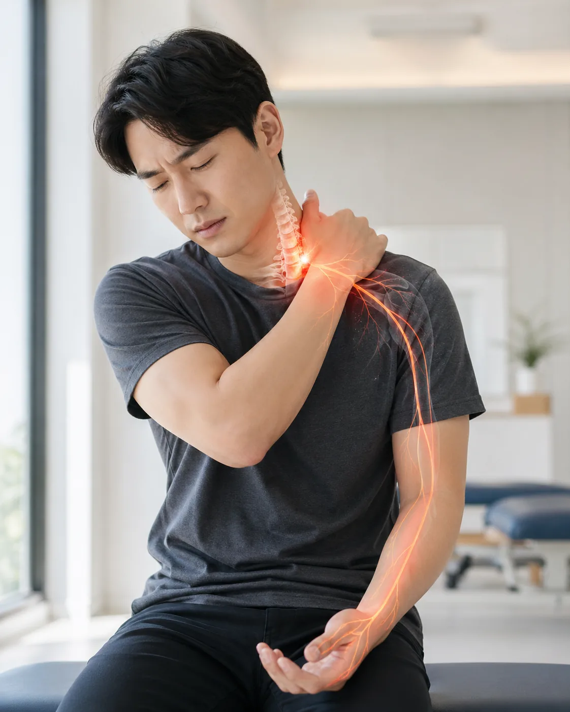 목과 어깨를 짚고 팔까지 신경 라인이 빛나는 남성 — 경추 신경 압박으로 인한 저림 증상