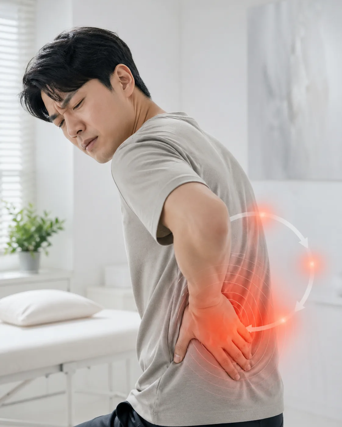 허리를 짚으며 통증이 반복되는 모습 — 일반 치료로 호전되지 않는 만성 재발성 통증