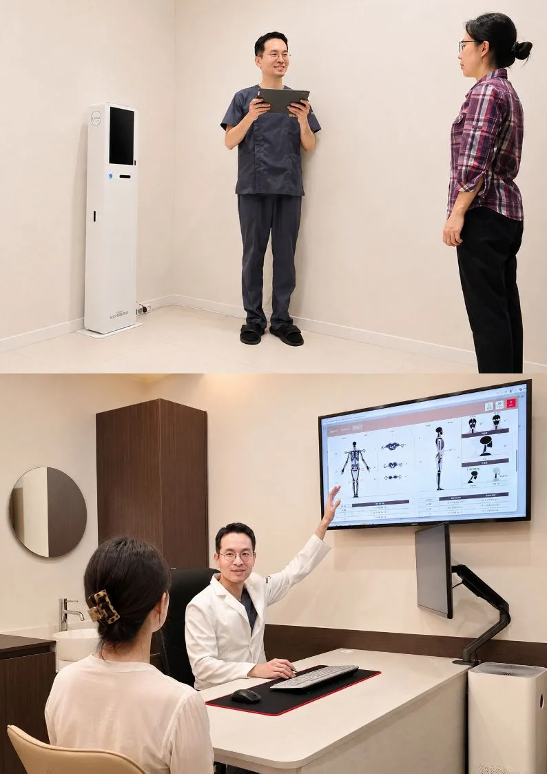 iBalance 체형분석기로 환자의 정면 자세 불균형을 측정하고, 모니터로 체형분석 리포트를 환자에게 설명하는 진단 장면