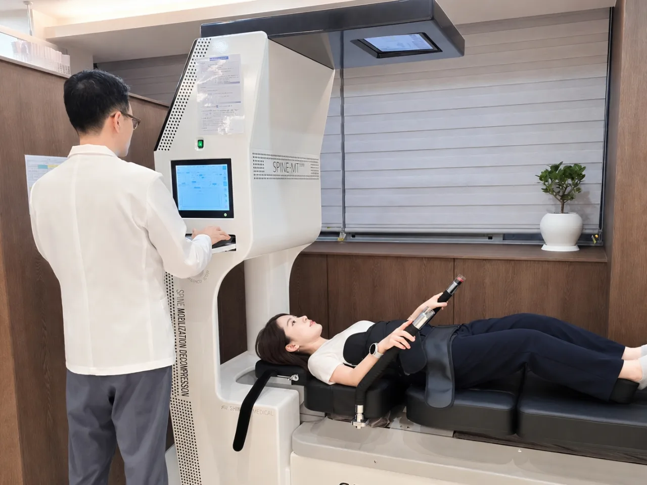 SpineMT Core 콘솔을 조작하며 척추 감압 치료를 진행하는 장면