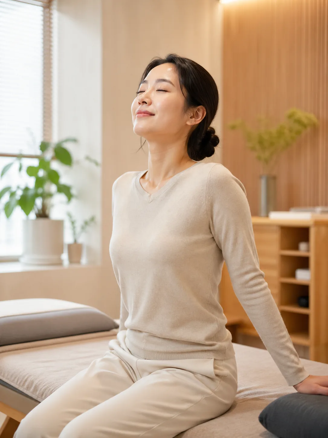 치료 후 가벼워진 몸으로 깊게 호흡하는 여성 — 전신 기혈 순환과 활력 회복 컨셉