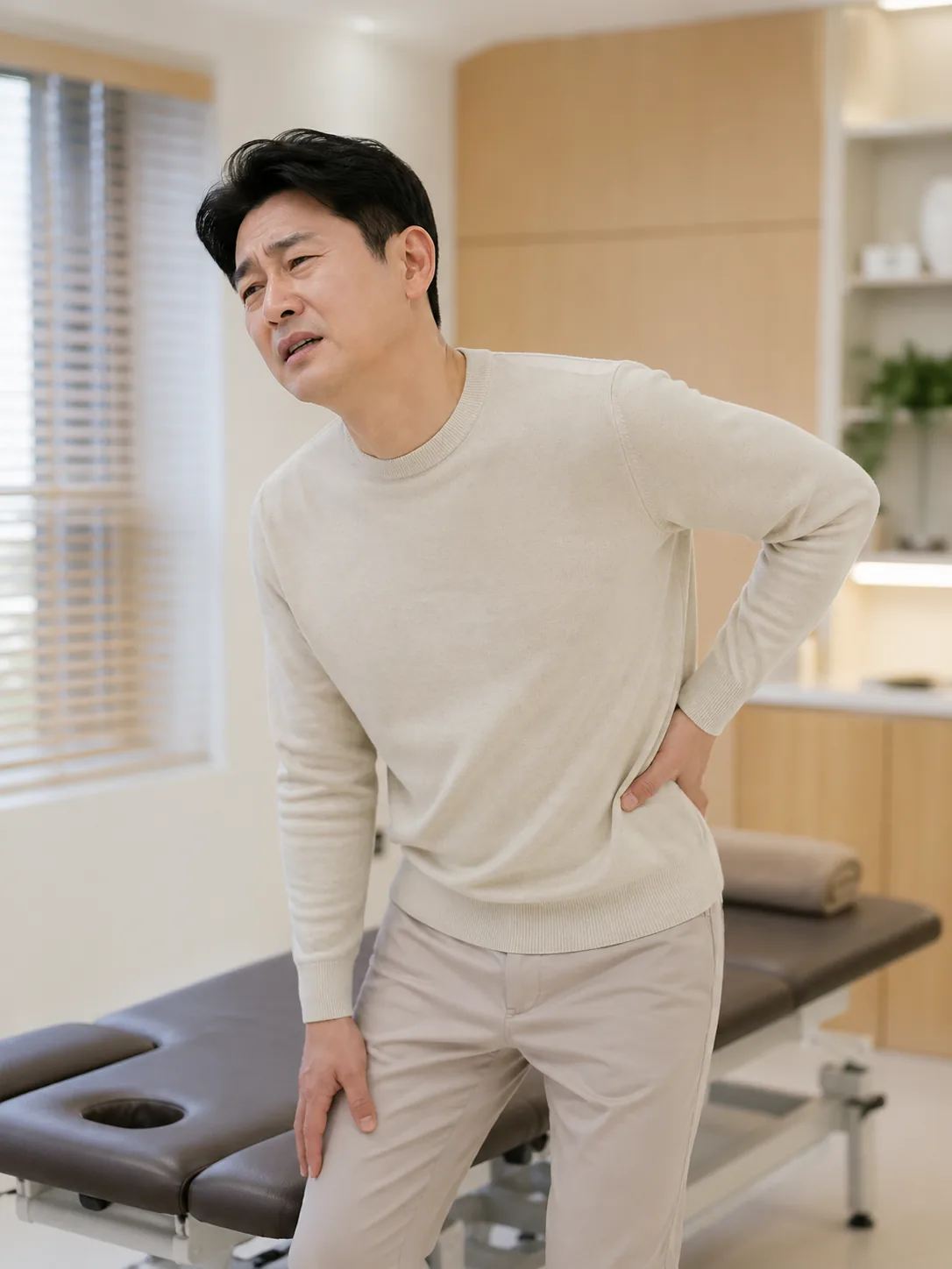 허리 통증으로 손을 짚고 서 있는 중년 남성 — 디스크·협착증 환자 모습