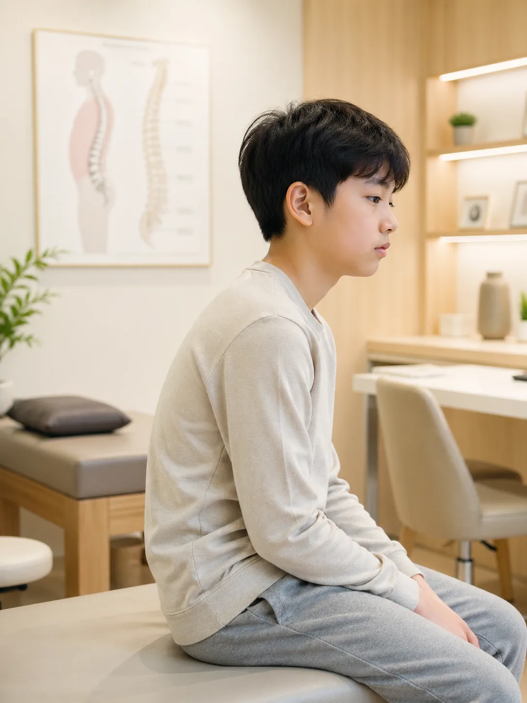 진료실에 단정히 앉아 있는 성장기 청소년 — 바른 자세와 척추 건강 관리 컨셉