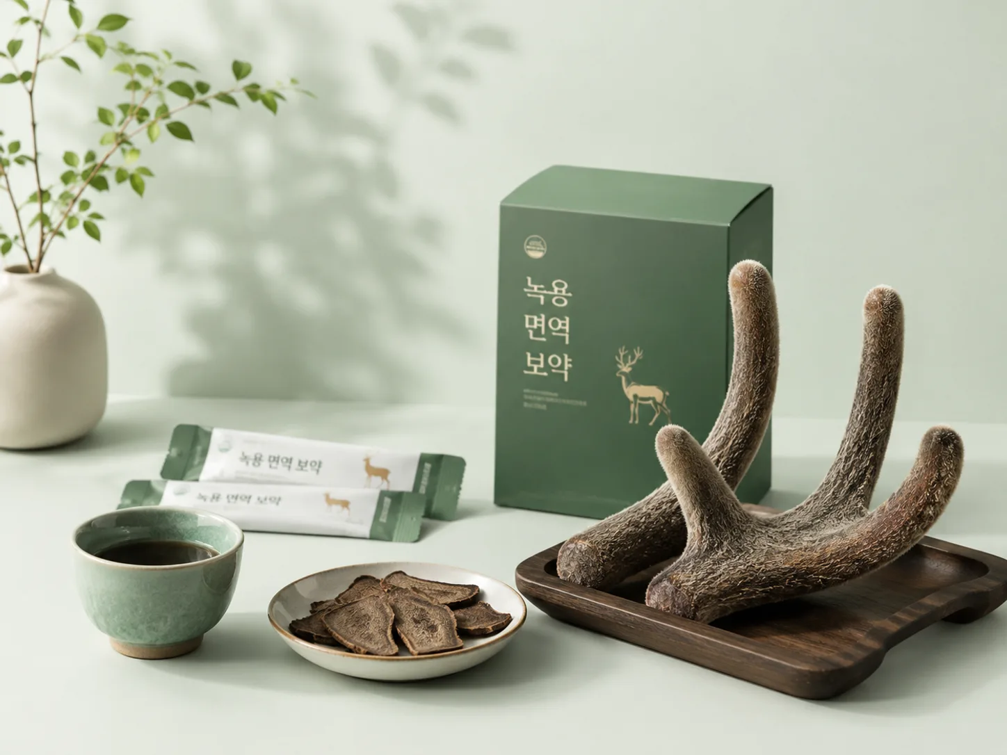 녹용 면역 보약 제품 상자와 분골 녹용, 절편이 함께 놓인 제품 사진