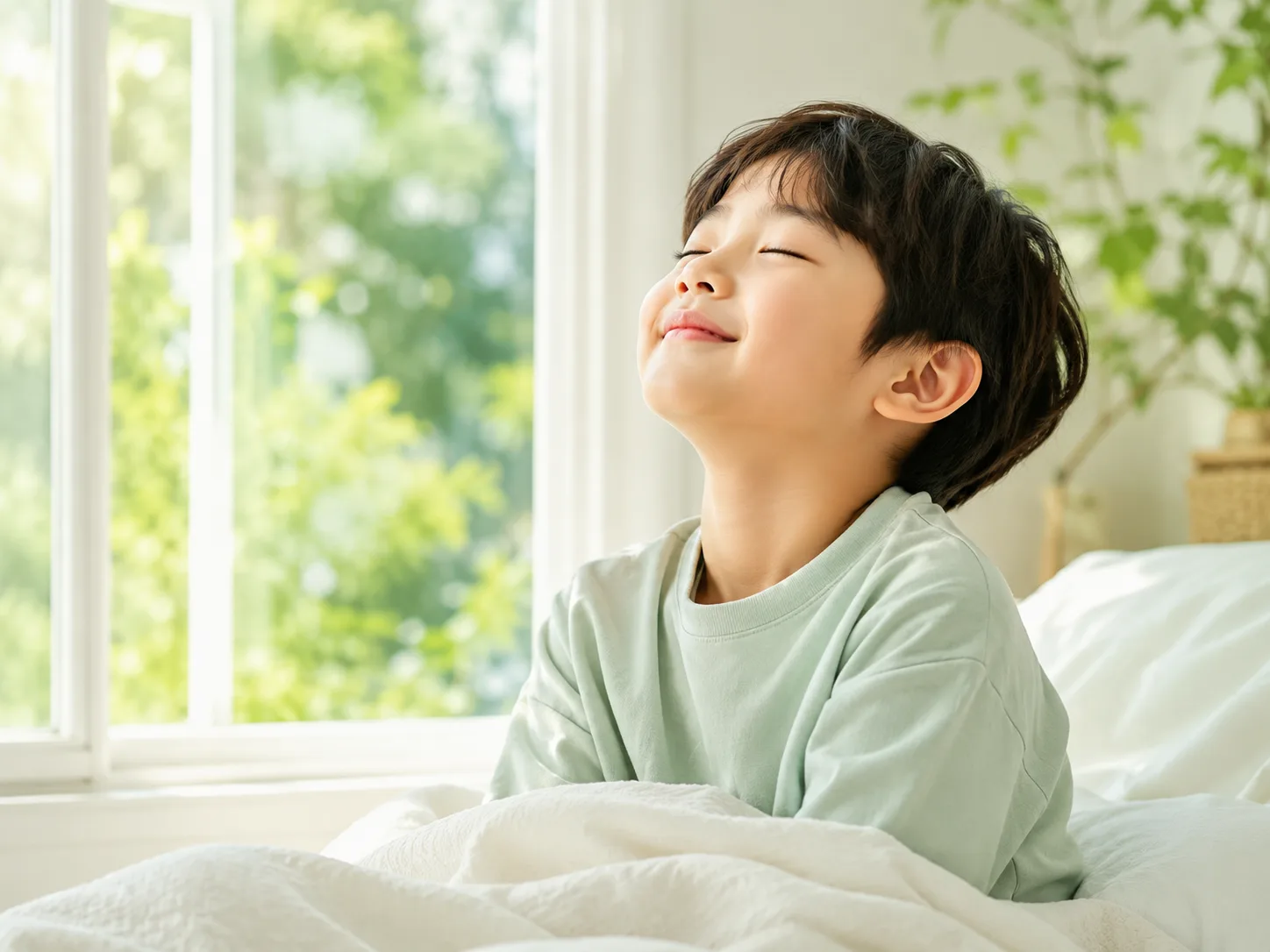 창가 침대에서 눈을 감고 편안히 코로 숨 쉬는 아이