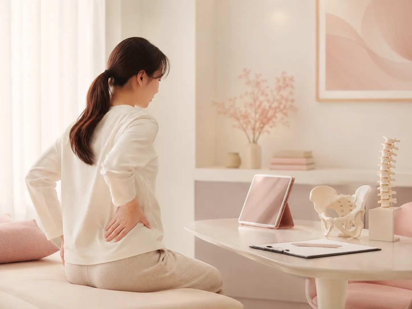 허리에 손을 얹고 통증을 느끼는 여성 뒤로 척추·골반 모형이 놓인 산후 골반·척추 재활 진료실